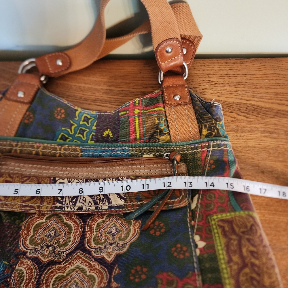 Fossil Multicolor Patchwork Canvas Shoulder Bag with Tan Leather Trim - Picture 10 of 16